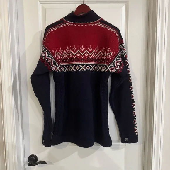Dale of Norway 140th Anniversary Masc Wool Half Zip Sweater in Navy Red Rose